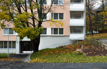 Kerrostalon alimpia kerroksia ja pihaa.