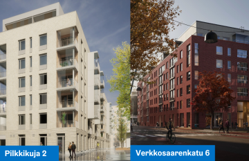 Kaksi havainnekuvaa. Vasemmalla vaaletiilinen kerrostalo osoitteessa Pilkkikuja 2. OIkealla punertava tiilinen kerrostalo osoitteessa Verkkosaarenkatu 6.