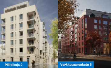Kaksi havainnekuvaa. Vasemmalla vaaletiilinen kerrostalo osoitteessa Pilkkikuja 2. OIkealla punertava tiilinen kerrostalo osoitteessa Verkkosaarenkatu 6.