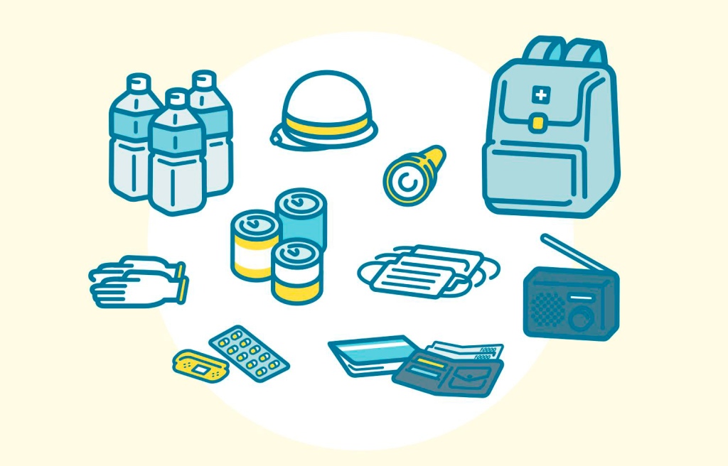 Vesipulloja, säilykkeitä, taskulamppu, reppu, käteistä rajaa ja muita kotivaratarpeita. Kuvituskuva.