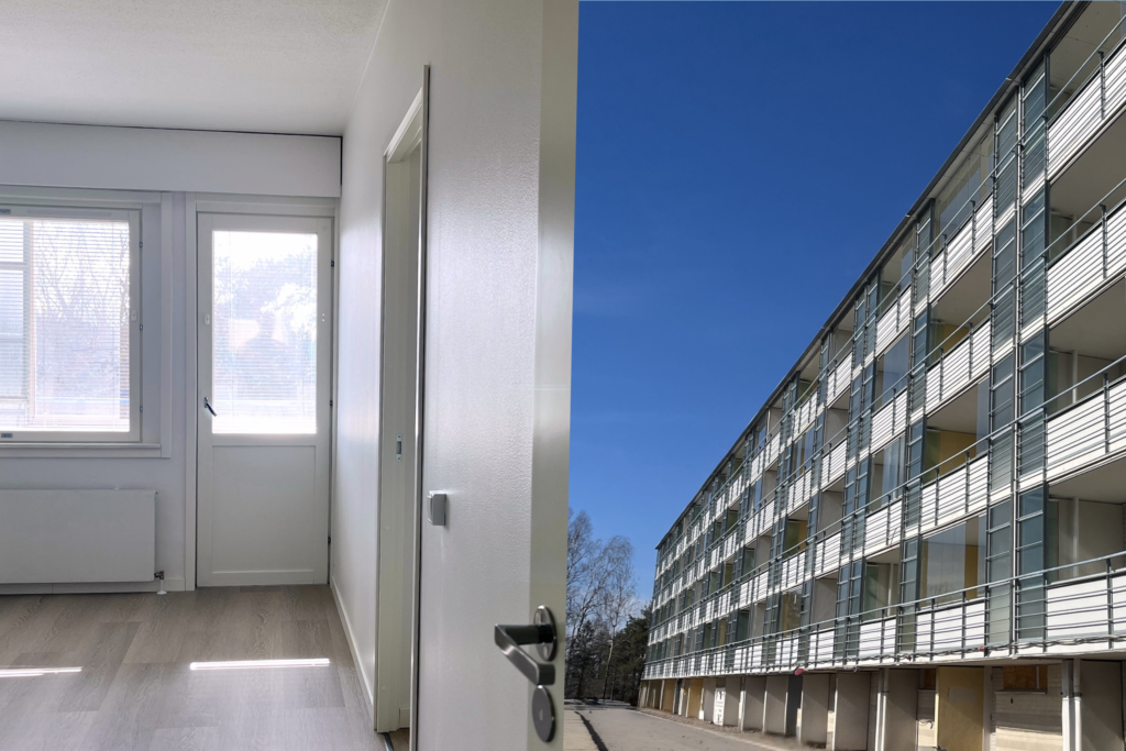 Valoisa olohuone, jossa on ovi parvekkeelle, sekä moderni Louhikkotie 20A -talo parvekkeineen sinistä taivasta vasten.