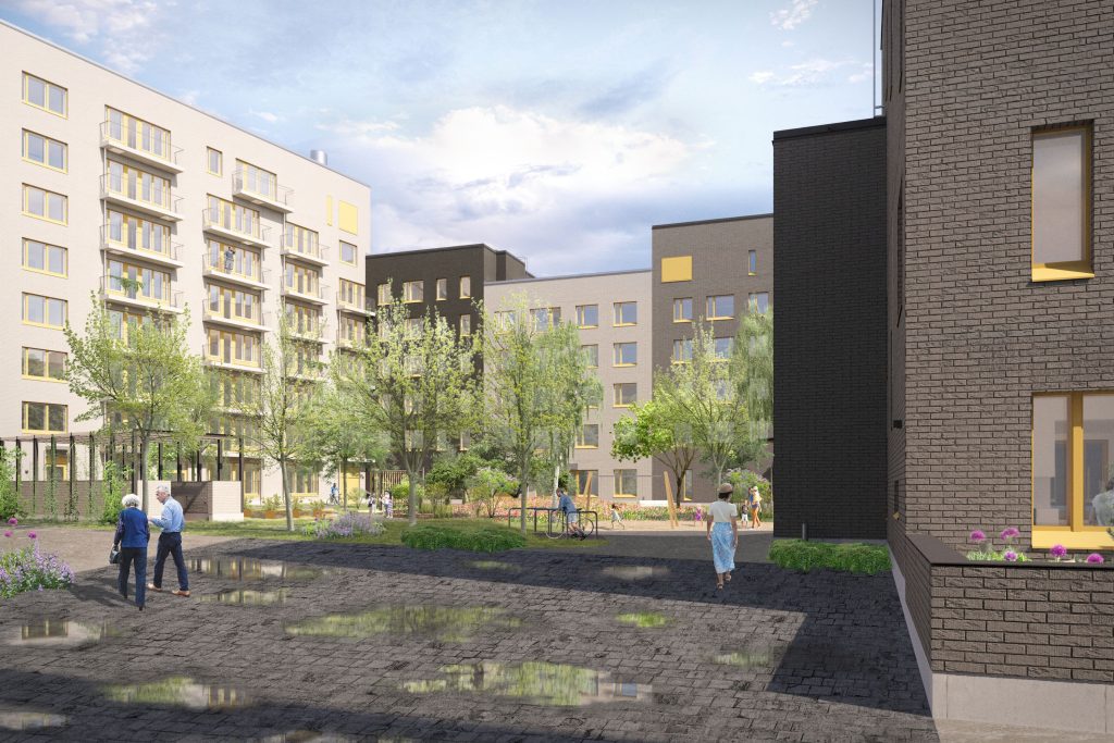 Havainnekuva Melkinlaituri 4 -kohteen sisäpihalta. 