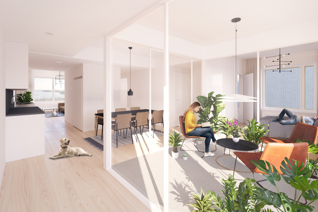 Havainnekuva Melkinlaituri 4 -kohteen asunnosta. Kaikissa asunnoissa on viherhuone.