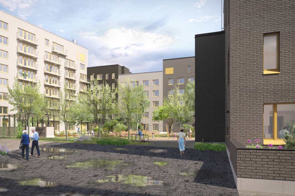 Havainnekuva Melkinlaituri 4:n sisäpihalta.