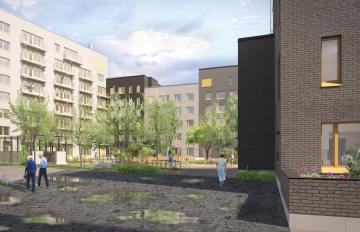 Havainnekuva Melkinlaituri 4:n sisäpihalta.