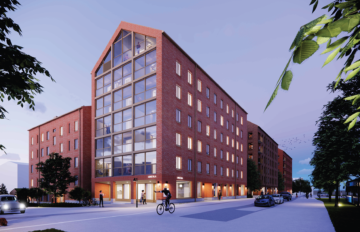 Punapintainen kerrostalo, jonka päädyssä lasitettuja parvekkeita. Havainnekuva.