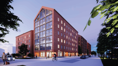 Punapintainen kerrostalo, jonka päädyssä lasitettuja parvekkeita. Havainnekuva.