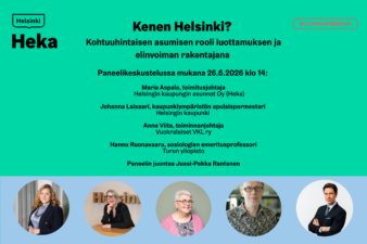 Hekan paneelikeskustelu järjestetään perjantaina 26.6.2026 klo 14 SuomiAreenan Sata shipbuilding -lavalla. Paneelissa ovat mukana Hekan toimitusjohtaja Maria Aspala, Helsingin kaupungin kaupunkiympäristön toimialan apulaispormestari Johanna Laisaari, Vuokralaiset VKL ry toiminnanjohtaja Anne Viita ja Turun yliopiston sosiologian emeritusprofessori Hannu Ruonavaara. Keskustelun juontaa Yleltä tuttu uutiskasvo Jussi-Pekka Rantanen.
