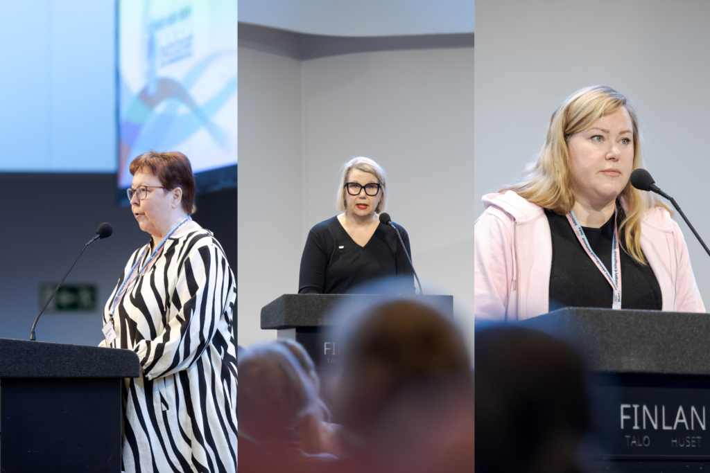 Kolmiosaisessa kuvassa asukasneuvottelukunnan puheenjohtaja Tiina Backström, Helsingin kaupungin apulaispormestari Johanna Laisaari ja Hekan toimitusjohtaja Maria Aspala pitävät puheita.