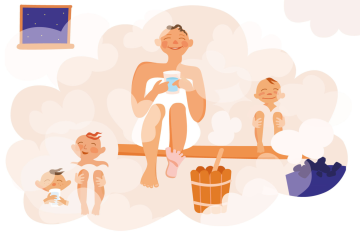 Piirroskuvassa perhe on saunassa