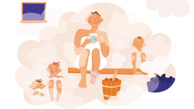 Piirroskuvassa perhe on saunassa