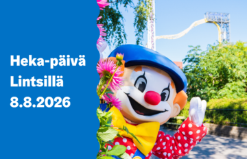 Linnanmäen maskottihahmo Rolle-pelle vilkuttaa iloisesti kameralle kukkien vieressä. Vasemmalla sinisellä taustalla teksti: ”Heka-päivä Lintsillä 8.8.2026”. Taustalla näkyy Linnanmäen laitteita ja vihreää puustoa.
