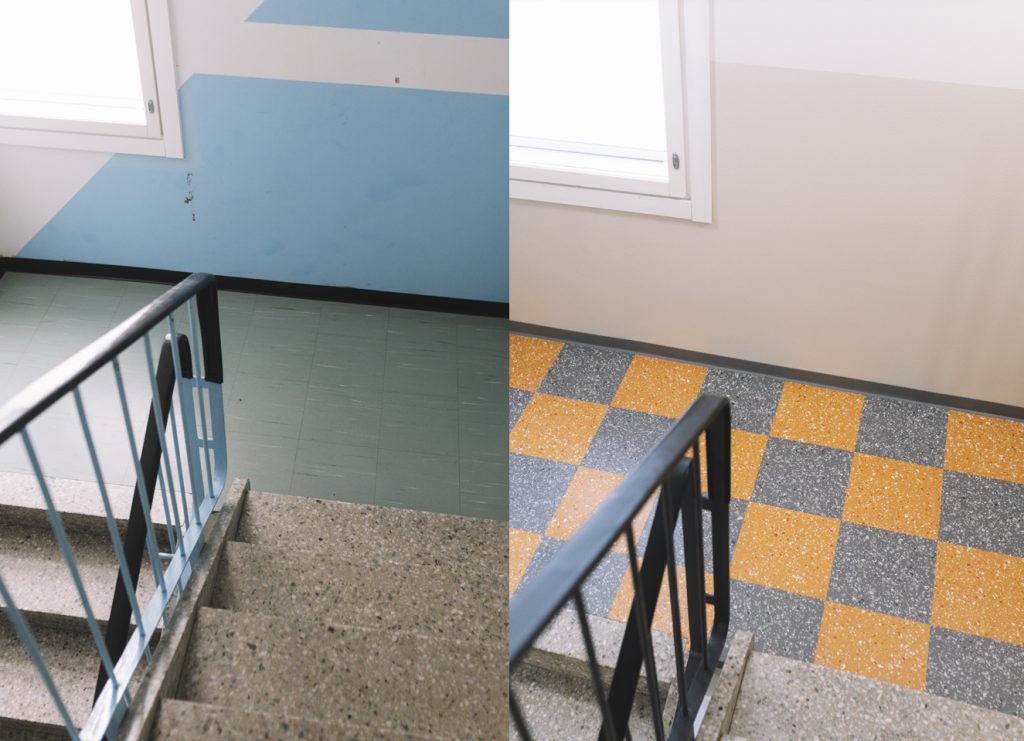 Kuva, jossa toinen puoli on vanhaa rappukäytävää ja toinen puoli remontin jälkeistä. Vanhassa on sininen seinä ja vihreä lattia, uudessa on vaalea seinä ja kelta-harmaaruudullinen lattia.